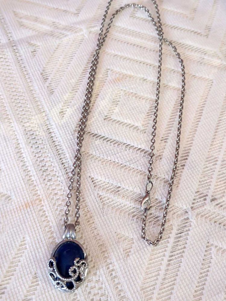 Elegant Blue Stone Pendant Oxidised Necklace