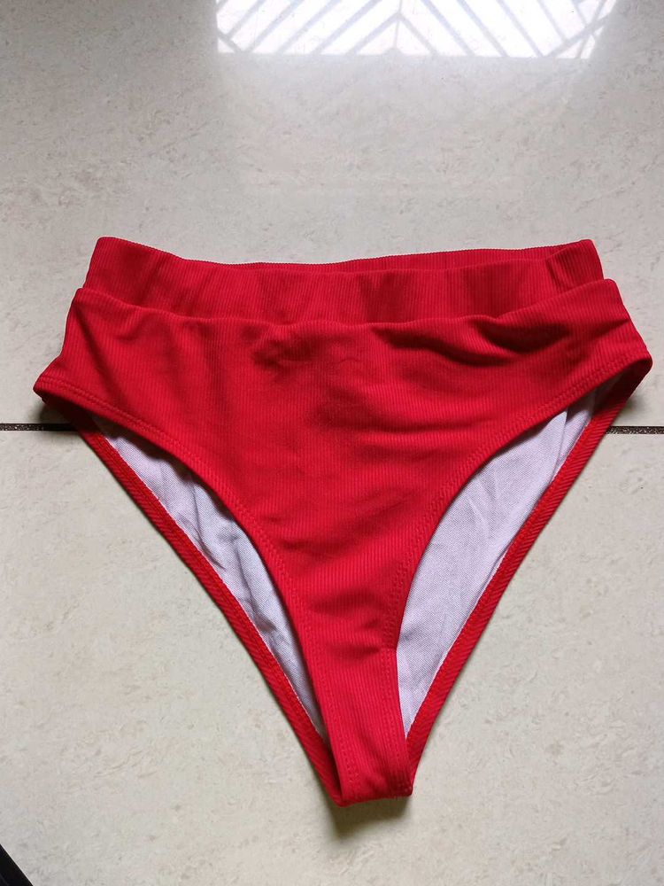 Red Ribbed High-Waisted Bikini Bottoms