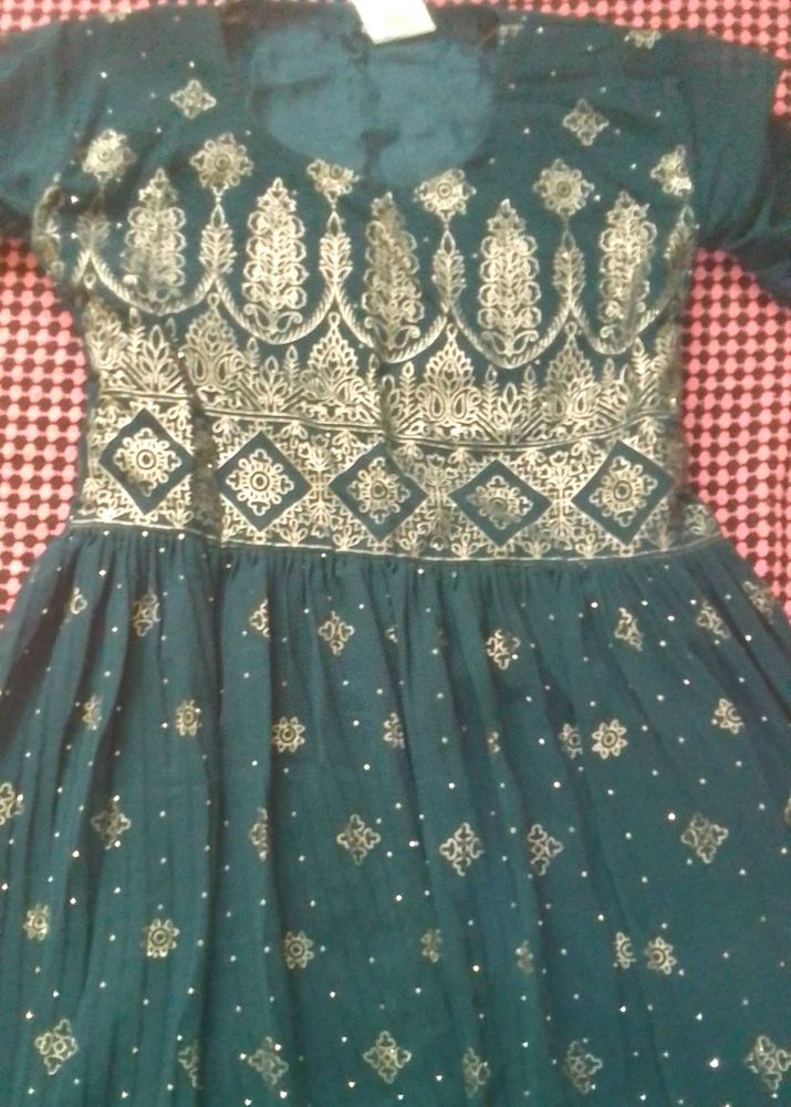 Emerald Green &amp; Gold Embroidered Anarkali Dress