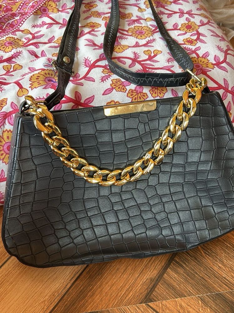 Black Faux Croc Shoulder Bag with Gold Chain