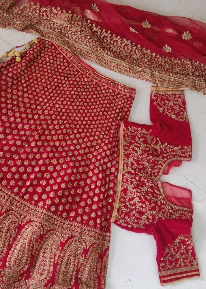 Unstitched Red &amp; Gold Embroidered Lehenga