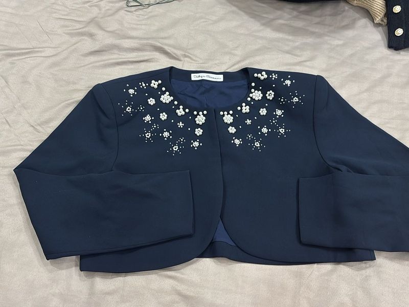 Crop open blazer with pearls
