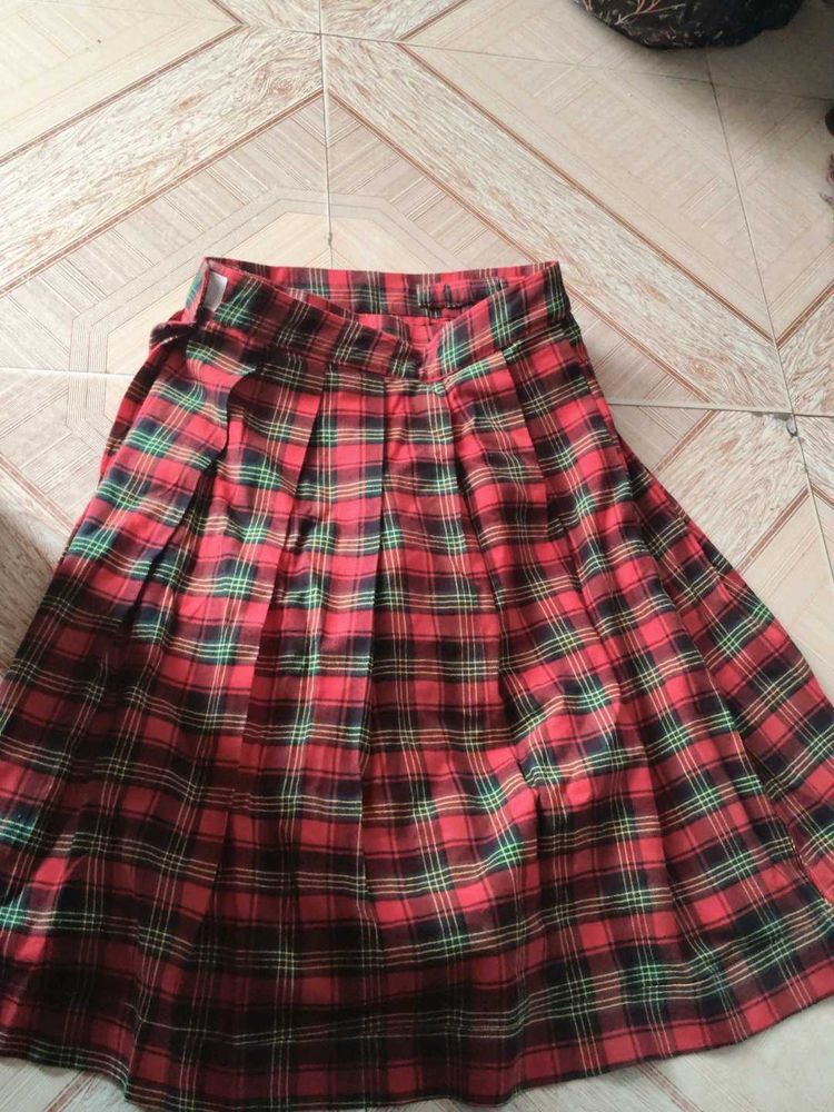 Red Plaid Pleated Skirt