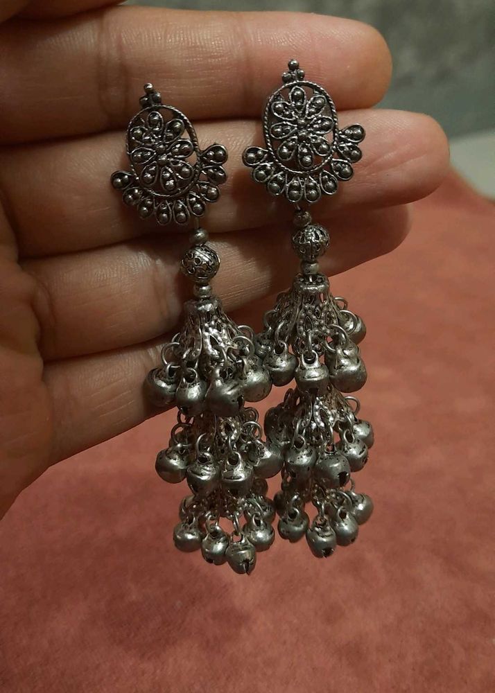 Boho Silver Jhumka Earrings
