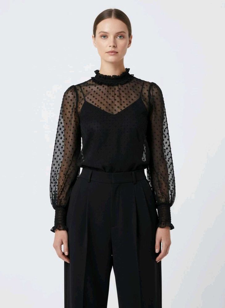 Chic Black Sheer Polka Dot Top