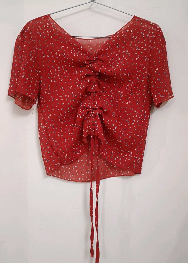 Red Floral Sheer Tie-Front Top