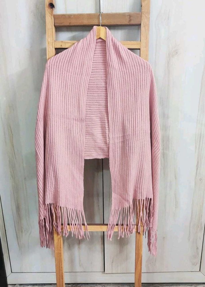 Pink Knit Stole with Fringe Full Size