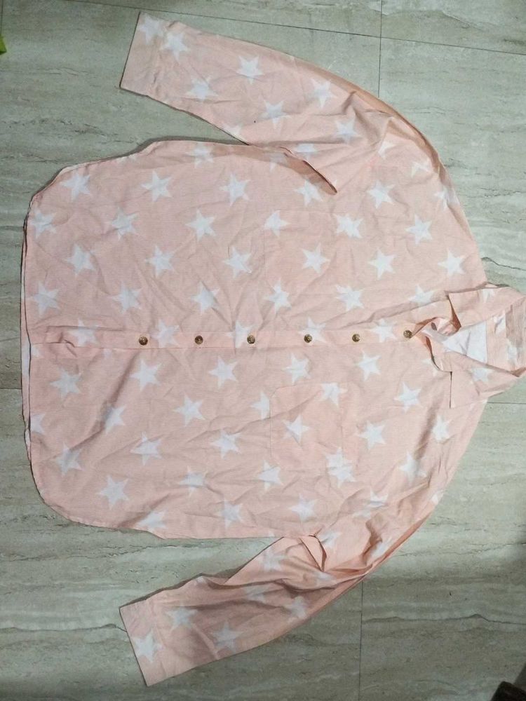 Light Orange Star Print Button-Down Shirt