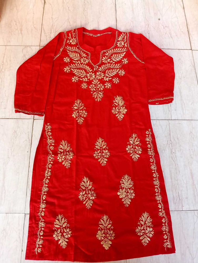Beautiful Embroidered Red Cotton Kurti♥️