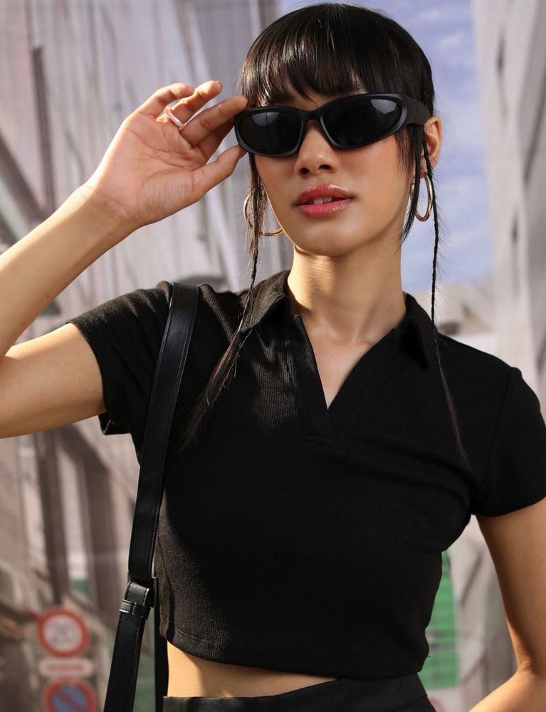 Black Ribbed Polo Crop Top