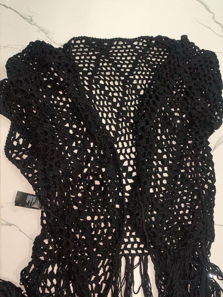 Black Crochet Fringe Cardigan
