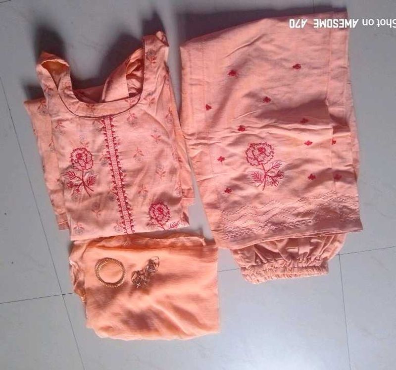 Peach Embroidered Kurta Set With Free Jewellery 🥰