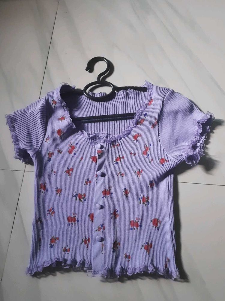 Korean Floral Ribbed Knitted Crop Top Summer