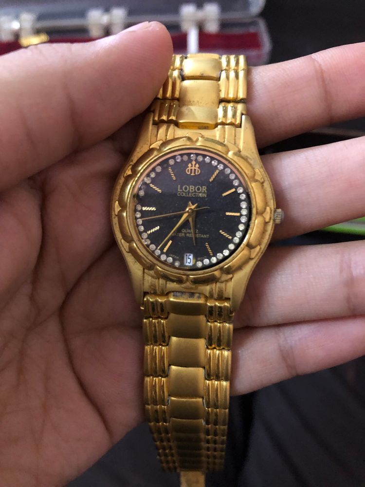 23k Gold Plated Diamond Studed Quartz Watch (New Packed)