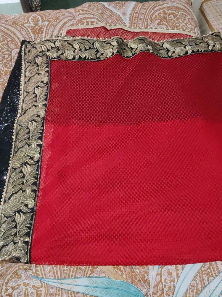 Red &amp; Black Embellished Saree