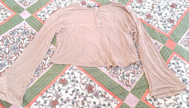 Comfy Cotton Full Sleeves Tan Crop Top For Women