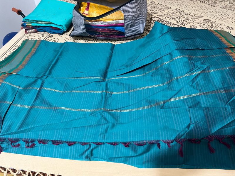 Teal &amp; Gold Striped Saree