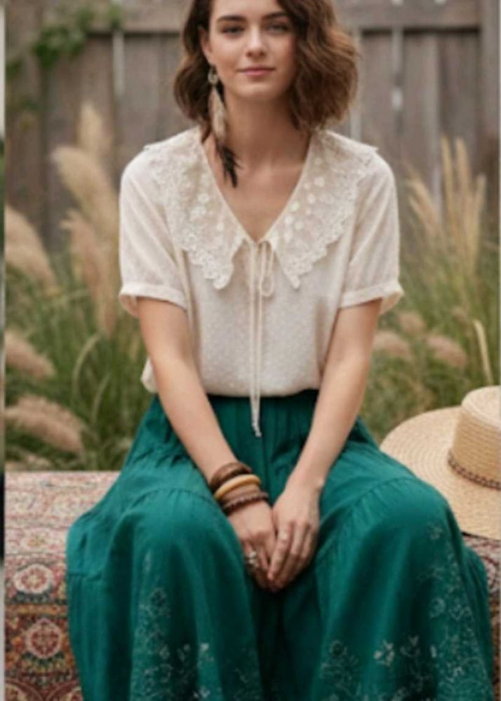 Lace Collar Blouse &amp; Green Skirt