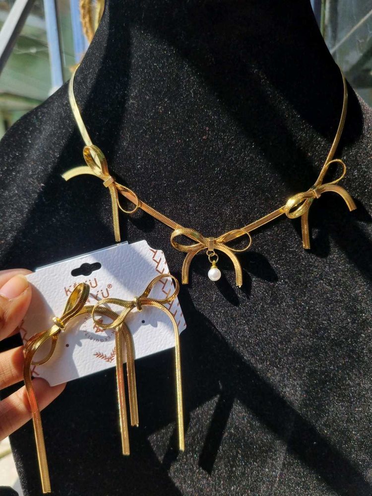 Antitarnish Snake Chain Bow Necklace Set