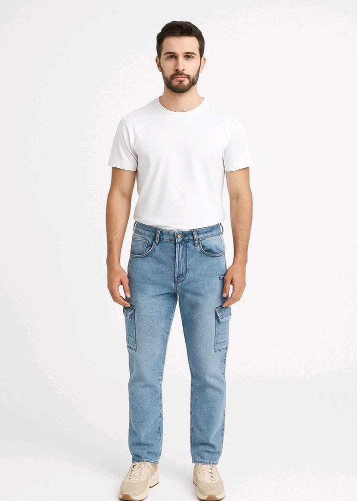Light Wash Cargo Jeans (SKY BLUE)