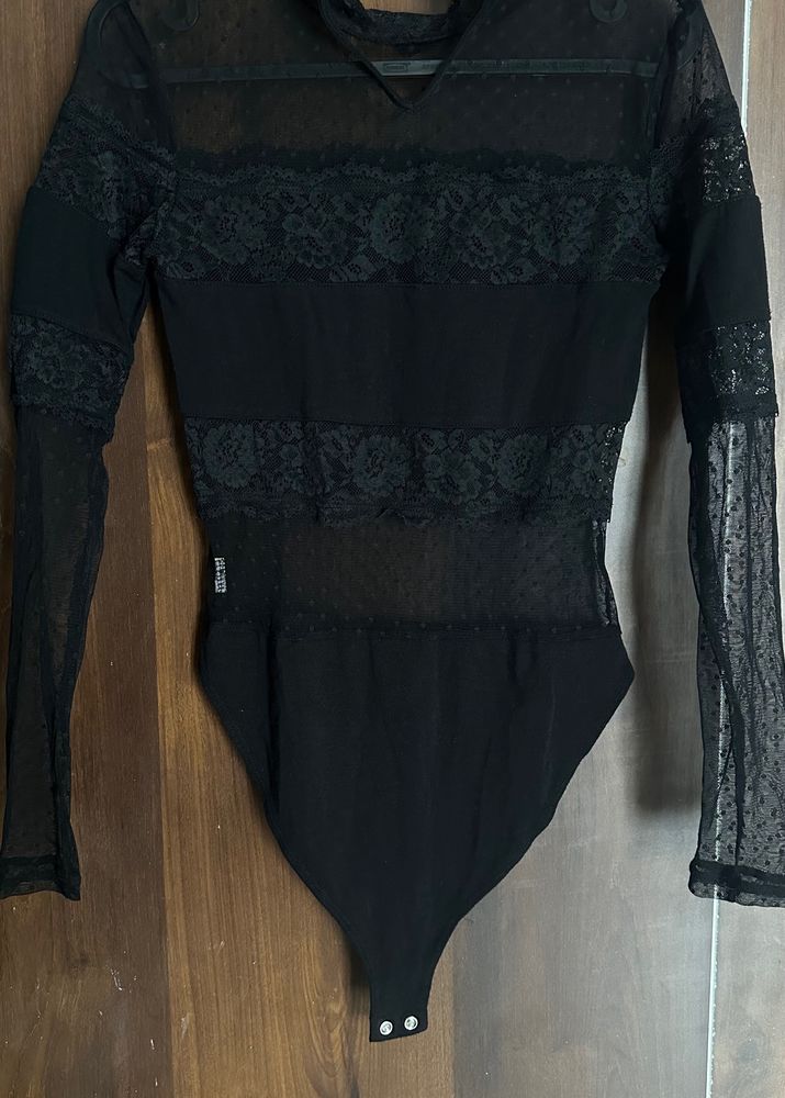 Black Bodysuit With Net And Lace Detailing