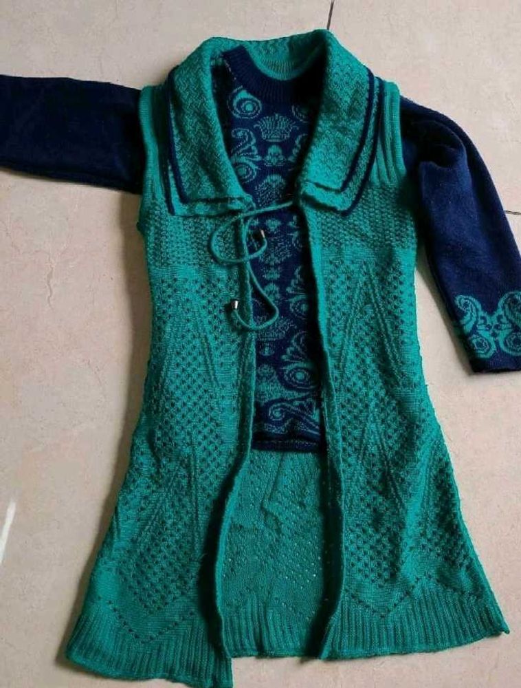 Stylish Green Knitted Girls Top with shrug