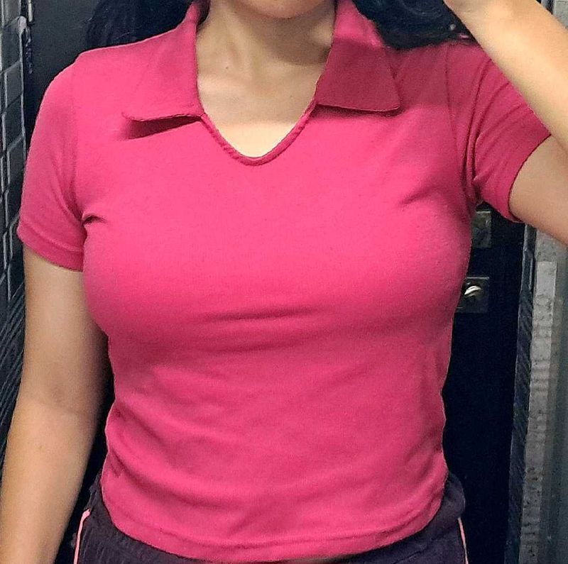 Rose Pink Ribbed Polo-neck Crop Top