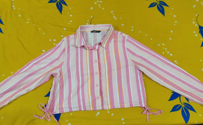 Striped Button-Down Crop Top with Full Sleeves – S