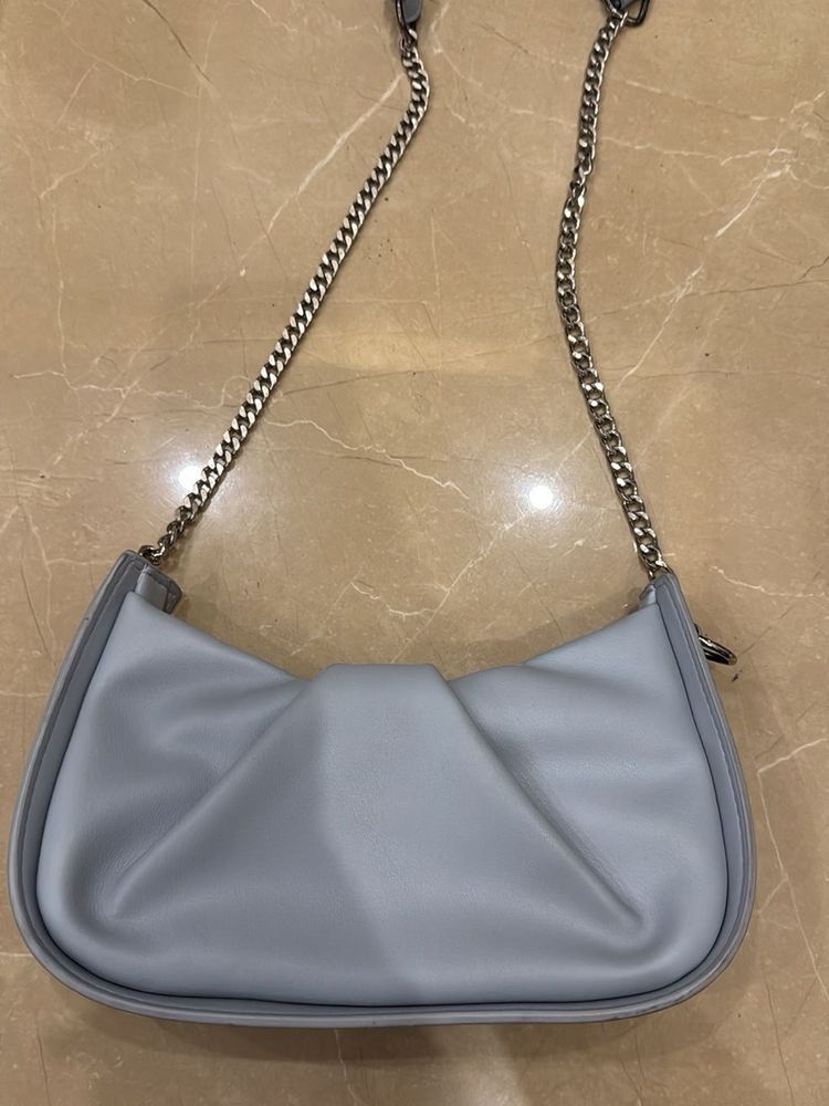 Blue Gathered Leather Shoulder Bag