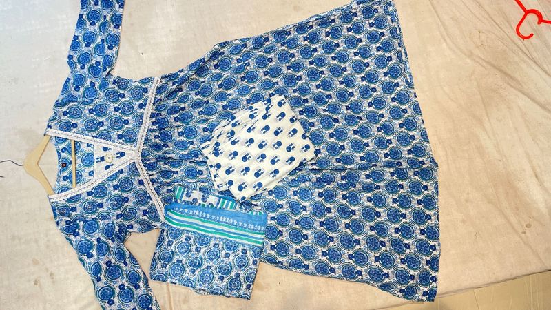Blue Printed Anarkali ,plazo With Dupta Set