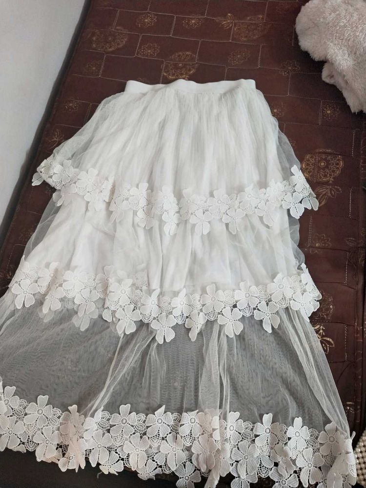 White Net Floral Skirt