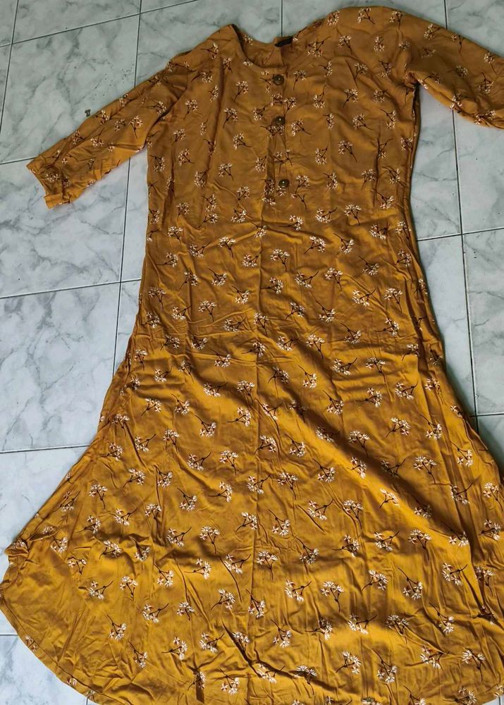 Elegant Mustard Yellow Anarkali-Style Kurta