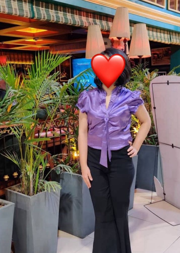 Purple Satin Tie-Front Blouse