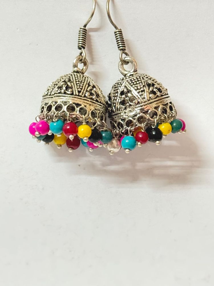 Boho Silver Jhumka Earrings