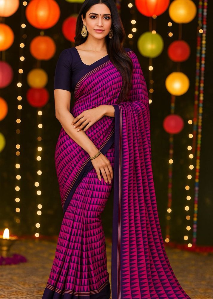 Magenta &amp; Navy Geometric Print Saree