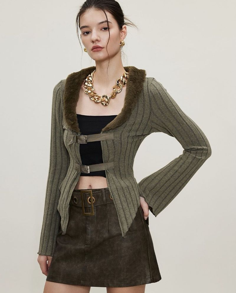 Olive Green Fur Trim Cardigan