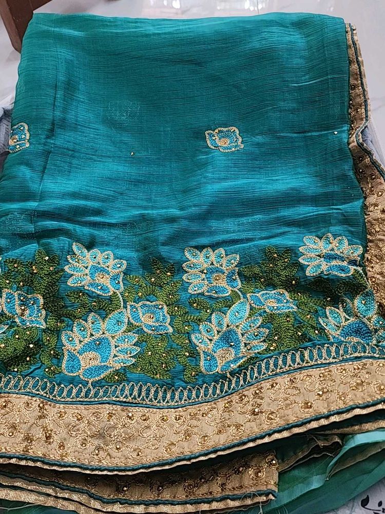 Peacock Colour Thread Work Design Saree