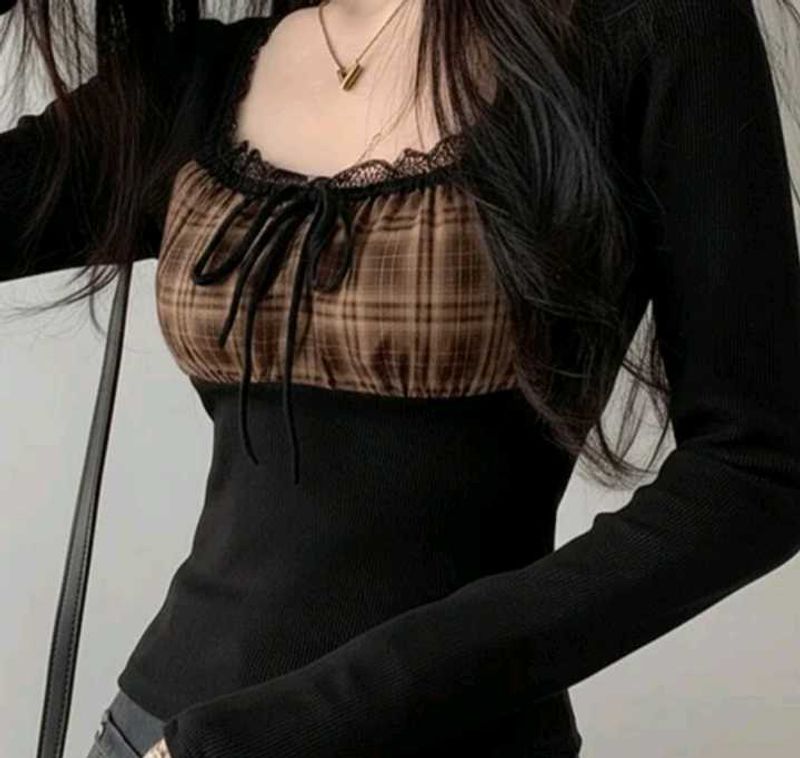 Plaid Accent Long Sleeve Top