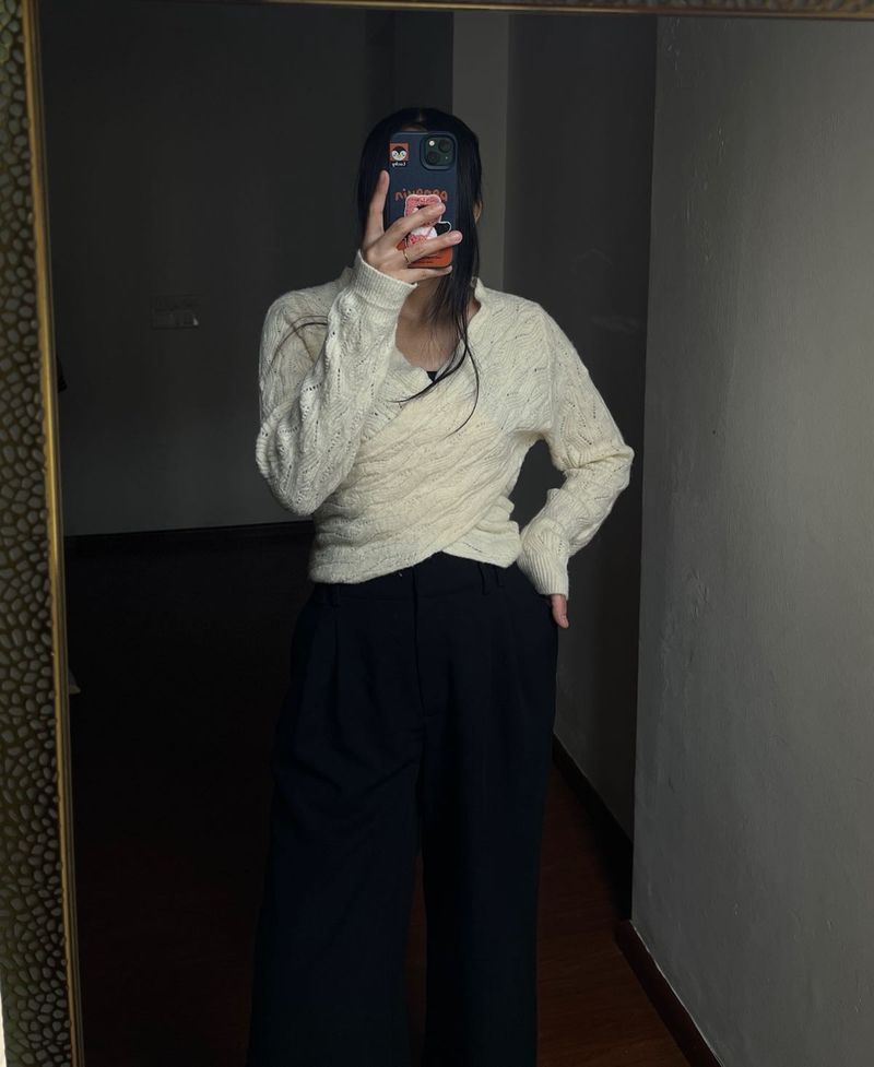 Creamish Cross-Over Woolen Sweater