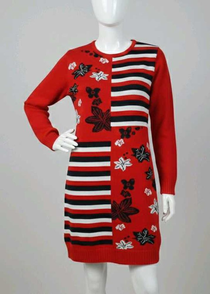 Red Floral Striped Sweater Dress With Woolen New r