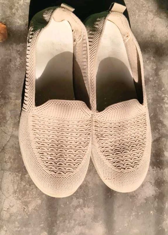 Beige Knit Slip-On Loafers