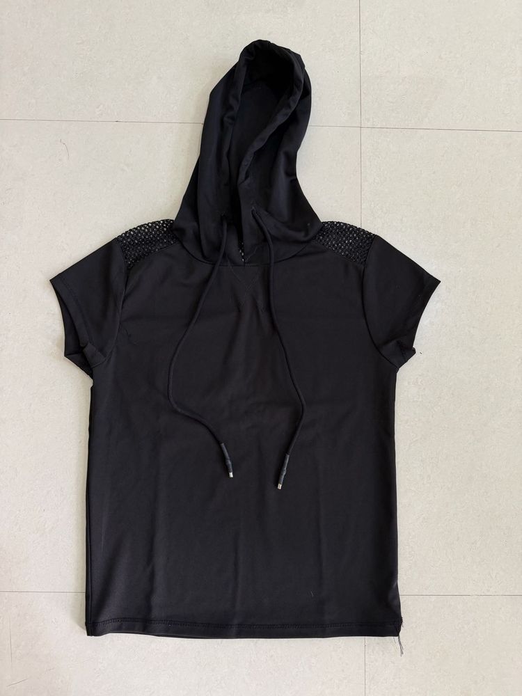 Black Short Sleeve Hoodie T-shirt