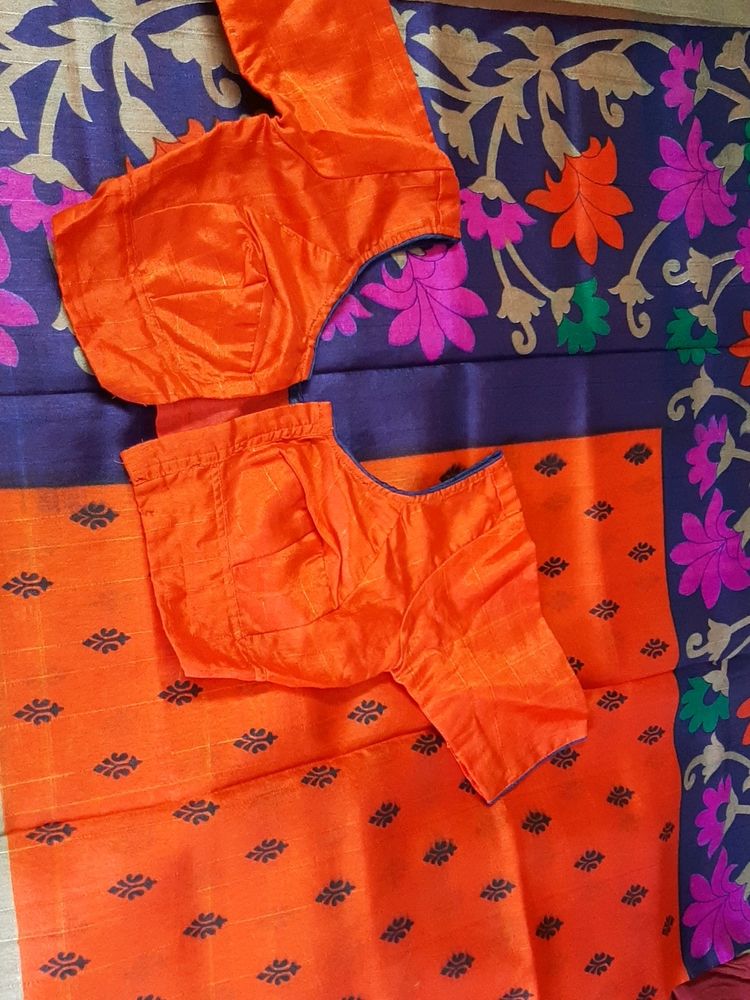 Bright Orange And Navy Blue Combination Almost NEW Art Silk Saree.