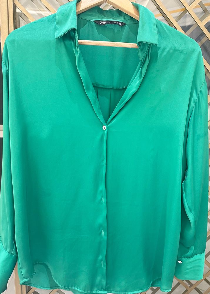 Zara  Satin Shirt In Green