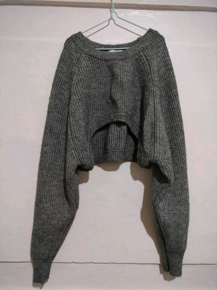 Grey Cropped Knit Sweater