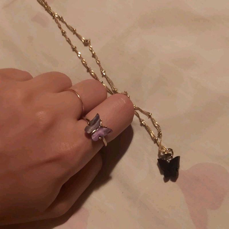 Necklace and Ring Combo Black Buttery Gold