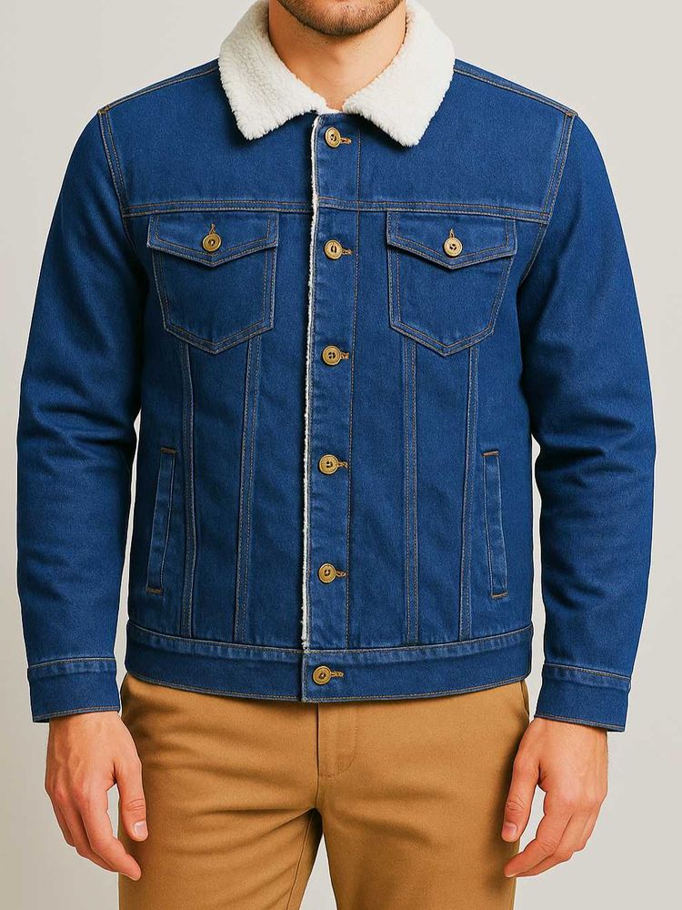 Denim Jacket with Sherpa Fur Collar Navy Blue