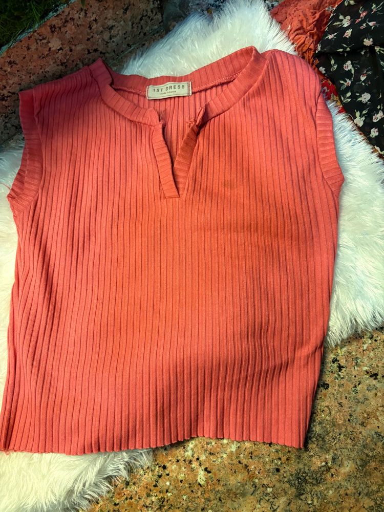 Coral Ribbed Top