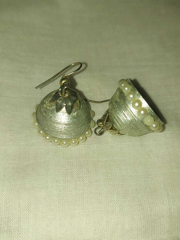 Silver Jhumka Quilling Earrings with Pearls