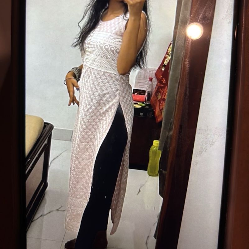 Libas Baby Pink Chikankari Long Kurti